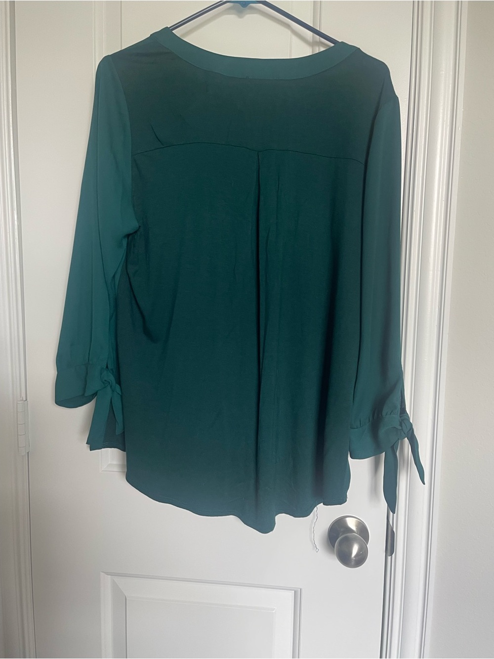 Fortune + Ivy Deep Green V-Neck Long Sleeve Blouse with Tie Cuffs - Picture 3 of 3